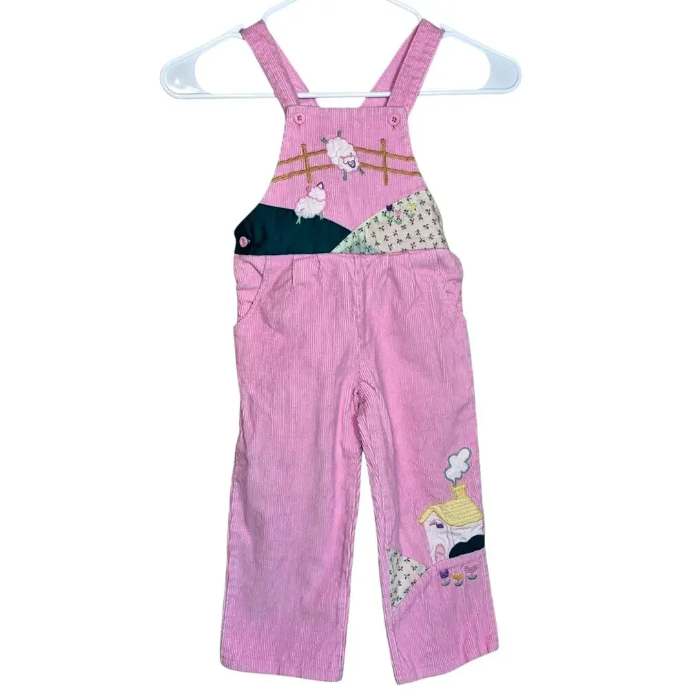 Vintage Joueux Gamins Happy Kids Girls Corduroy Embroidery Patchwork Overalls 3T